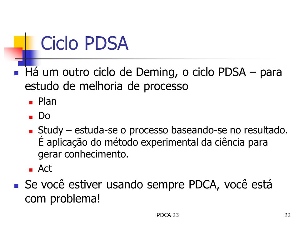 Ciclo PDSA Há um outro ciclo de Deming, o ciclo PDSA – para estudo de melhoria de processo. Plan. Do.