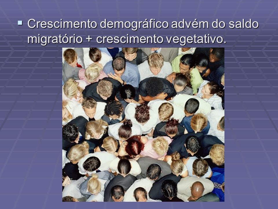 Crescimento demográfico advém do saldo migratório + crescimento vegetativo.