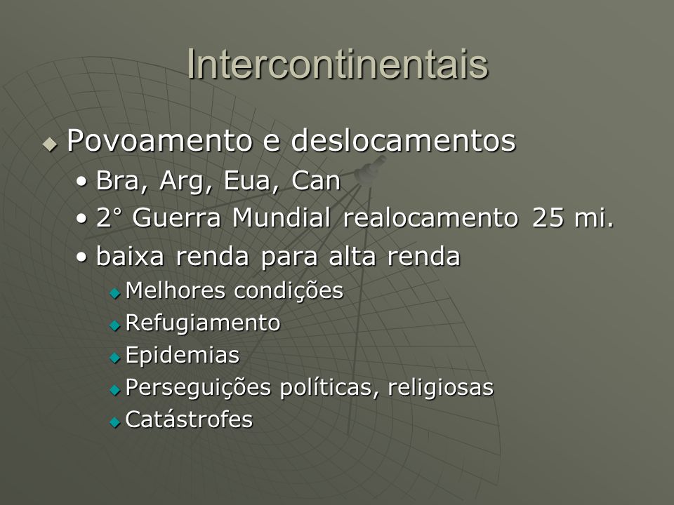Intercontinentais Povoamento e deslocamentos Bra, Arg, Eua, Can