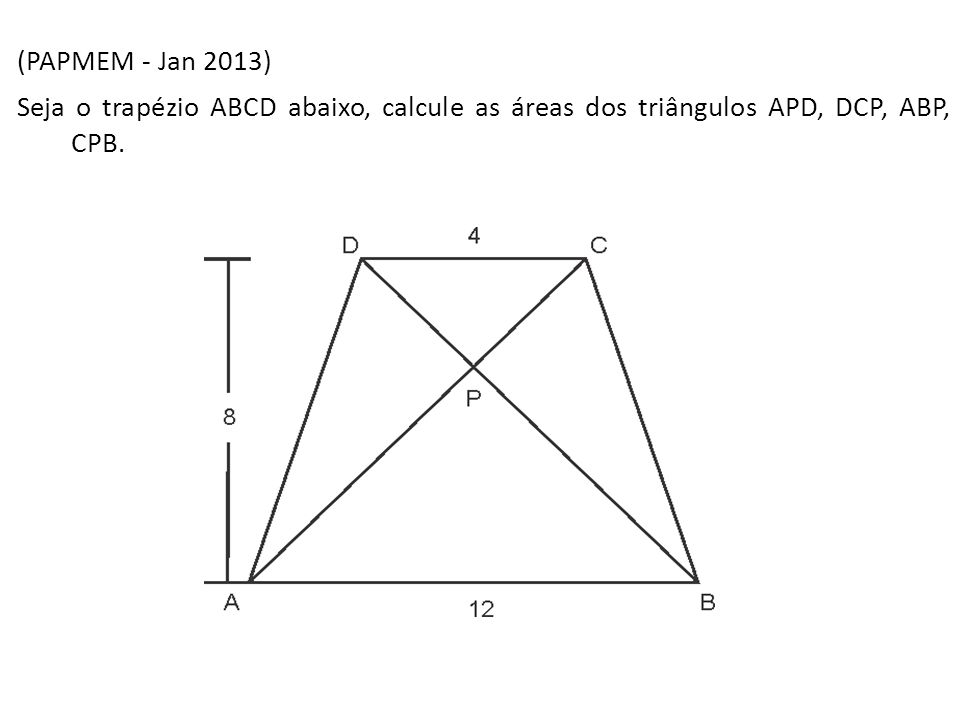(PAPMEM - Jan 2013) Seja o trapézio ABCD abaixo, calcule as áreas dos triângulos APD, DCP, ABP, CPB.