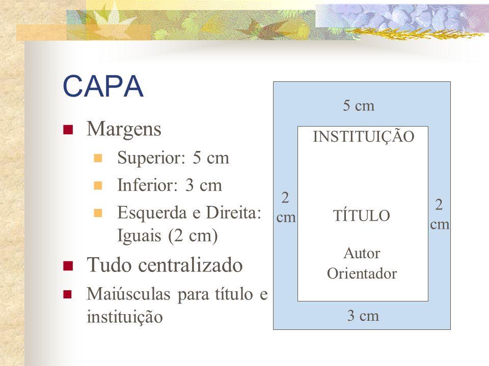 CAPA Margens Tudo centralizado Superior: 5 cm Inferior: 3 cm