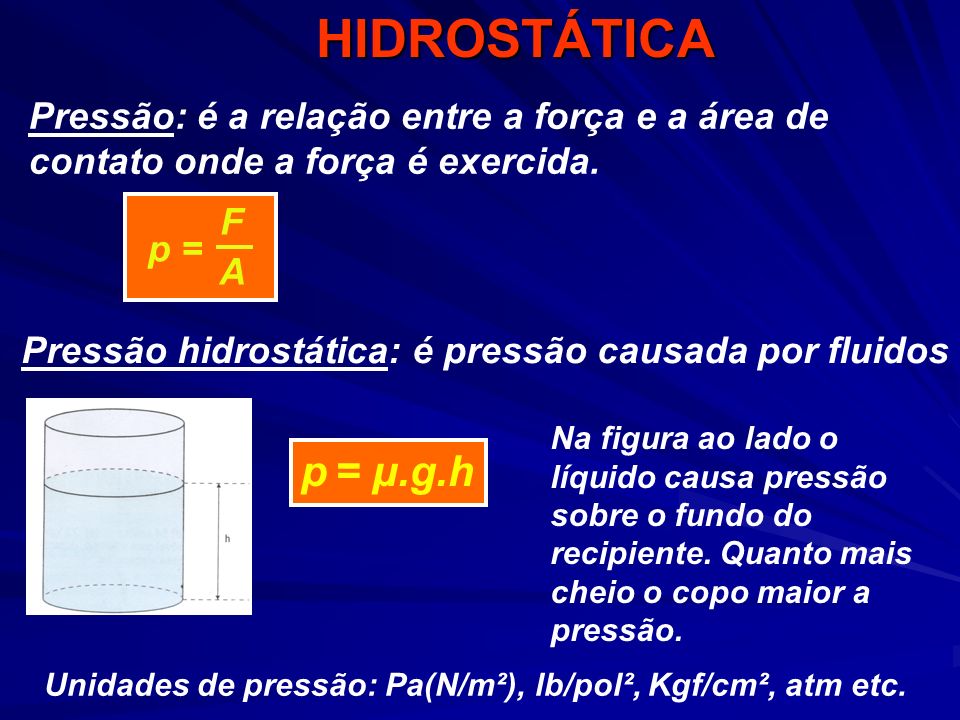 Pressão hidrostática: é pressão causada por fluidos