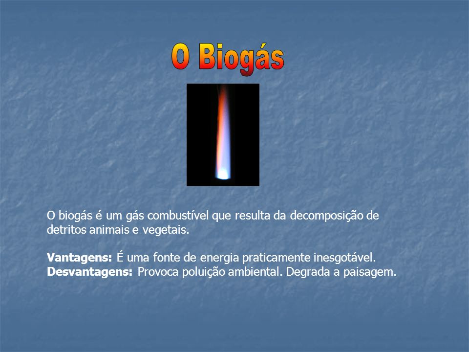 O Biogás O biogás é um gás combustível que resulta da decomposição de detritos animais e vegetais.