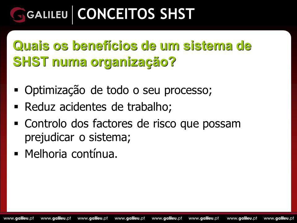 CONCEITOS SHST Quais os benefícios de um sistema de SHST numa organização Optimização de todo o seu processo;