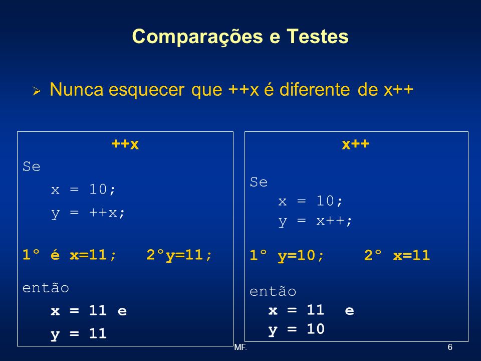 Comparações e Testes Nunca esquecer que ++x é diferente de x++ ++x Se