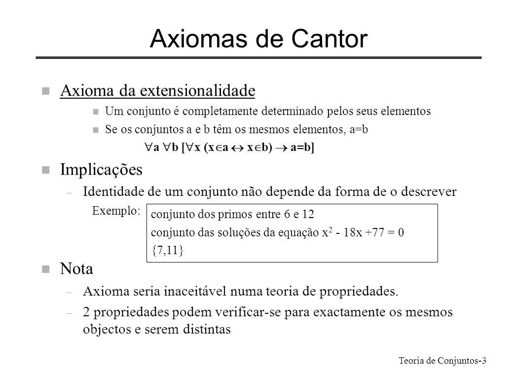 Axiomas de Cantor Axioma da extensionalidade Implicações Nota