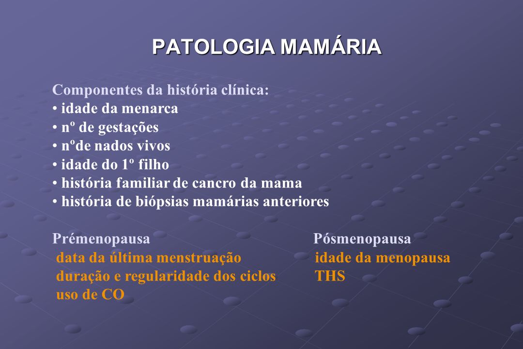 PATOLOGIA MAMÁRIA Componentes da história clínica: idade da menarca