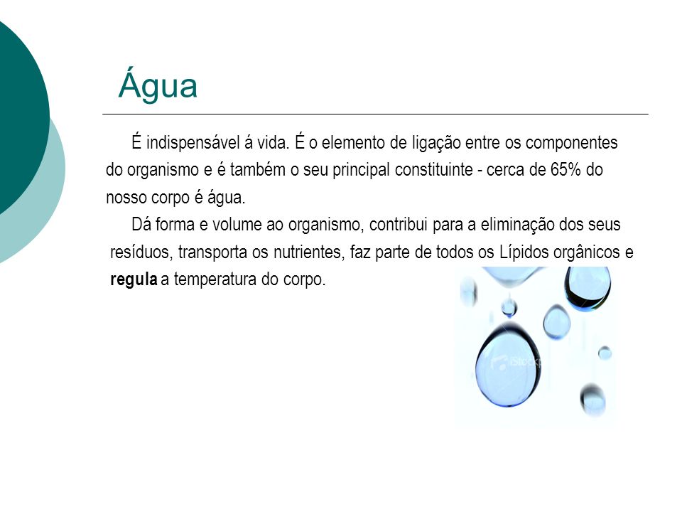 Água É indispensável á vida. É o elemento de ligação entre os componentes. do organismo e é também o seu principal constituinte - cerca de 65% do.