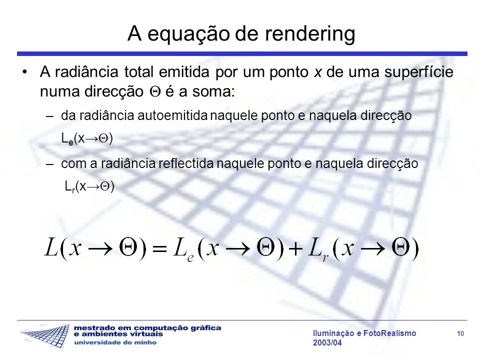 A equação de rendering A radiância total emitida por um ponto x de uma superfície numa direcção  é a soma:
