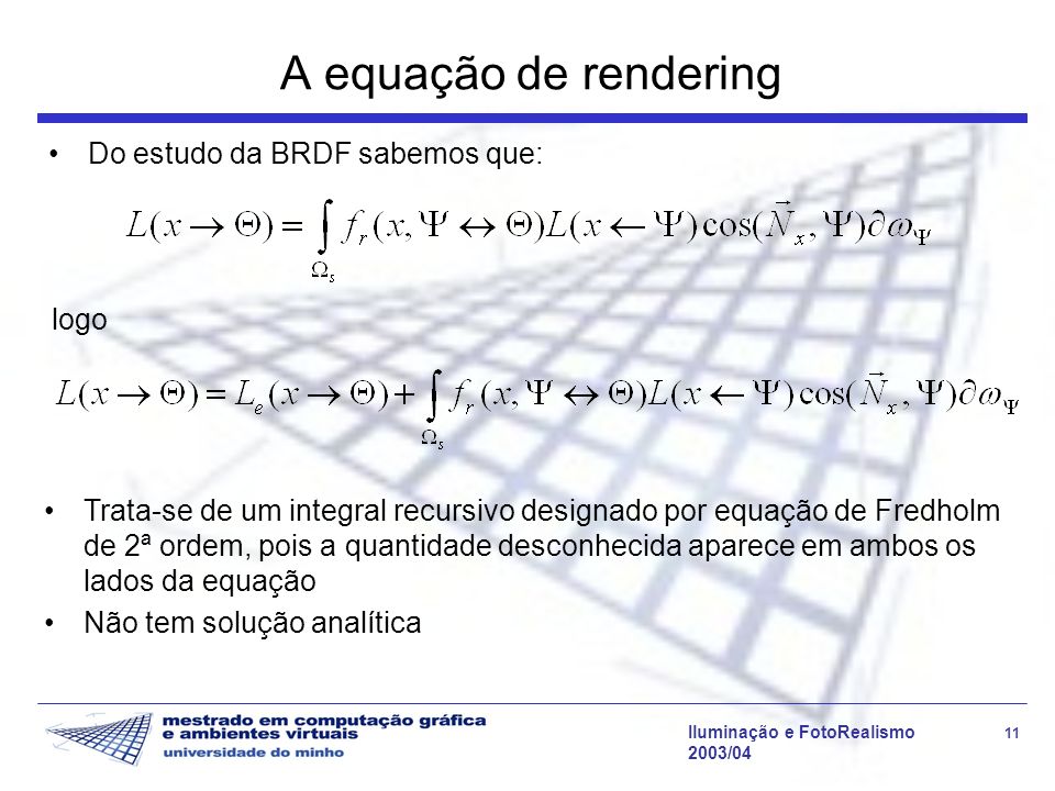 A equação de rendering Do estudo da BRDF sabemos que: logo