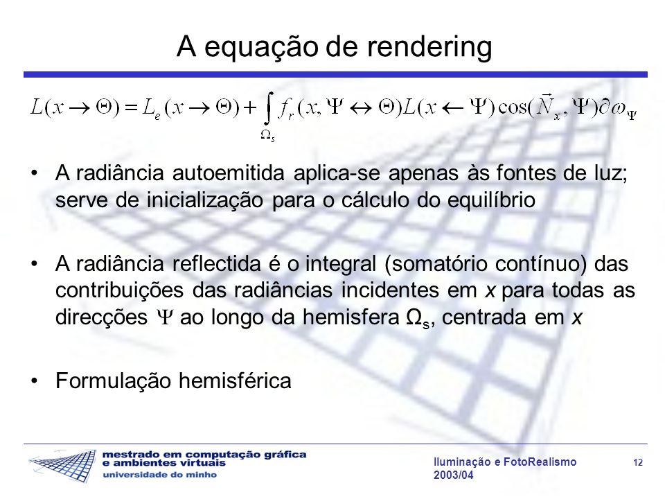 A equação de rendering A radiância autoemitida aplica-se apenas às fontes de luz; serve de inicialização para o cálculo do equilíbrio.
