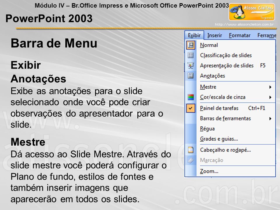 Barra de Menu PowerPoint 2003 Exibir Anotações Mestre