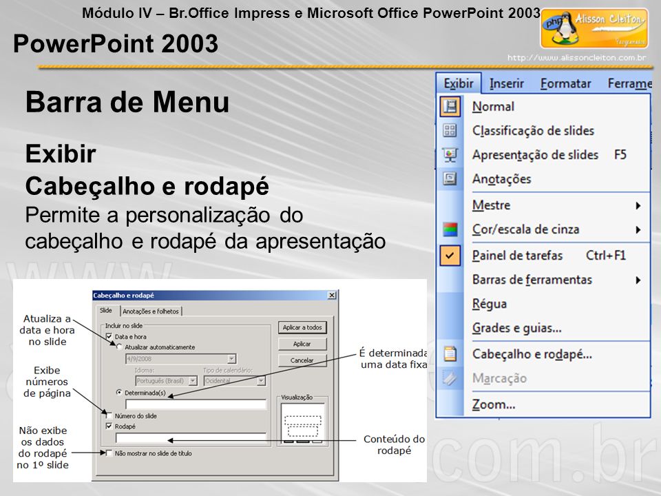 Barra de Menu PowerPoint 2003 Exibir Cabeçalho e rodapé