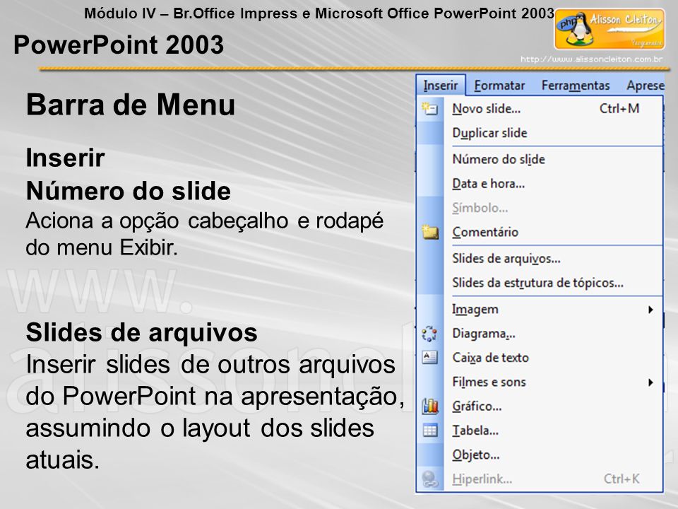 Barra de Menu PowerPoint 2003 Inserir Número do slide