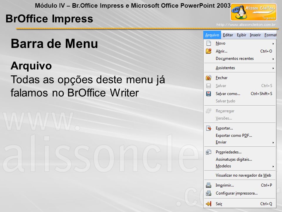 Barra de Menu BrOffice Impress Arquivo