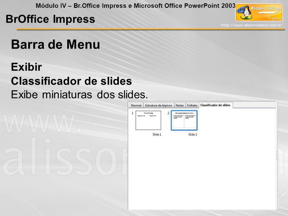 Barra de Menu BrOffice Impress Exibir Classificador de slides