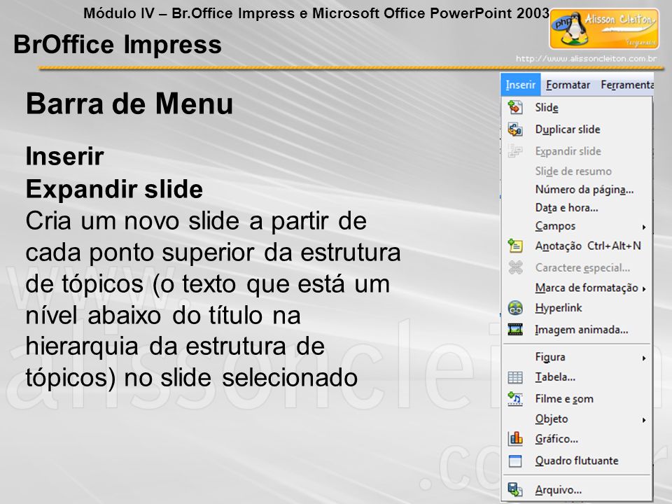 Barra de Menu BrOffice Impress Inserir Expandir slide