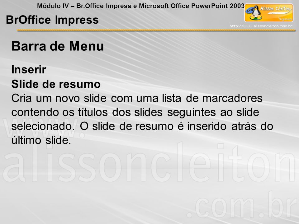 Barra de Menu BrOffice Impress Inserir Slide de resumo