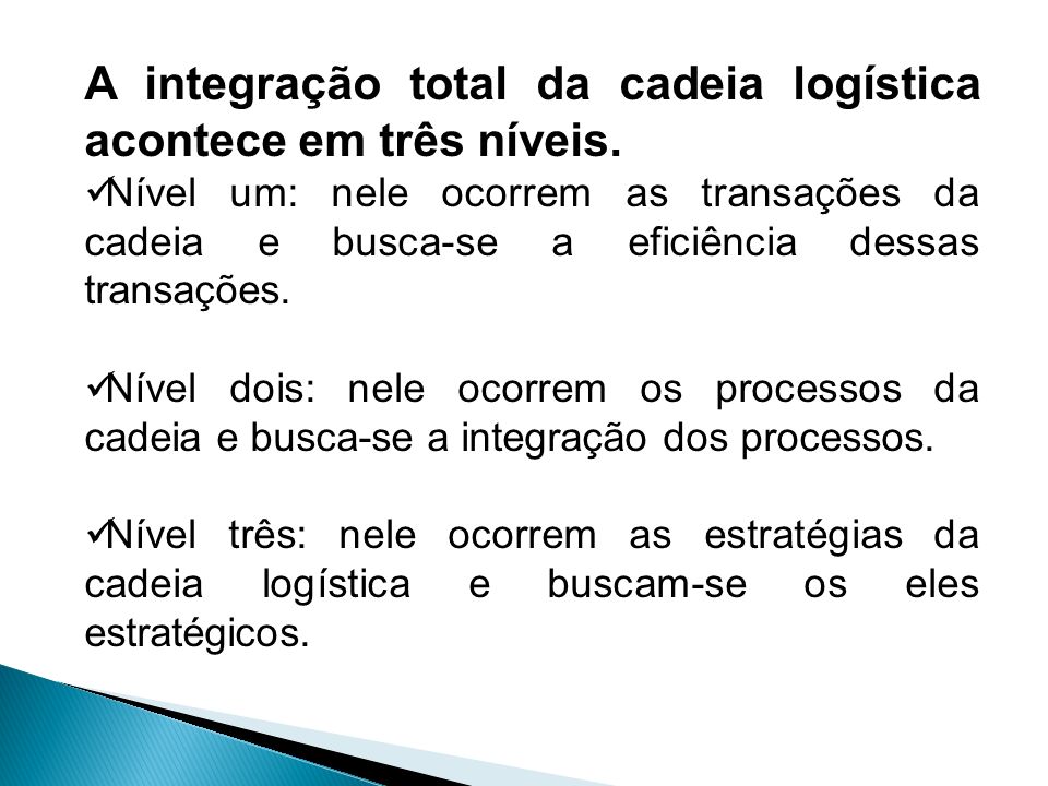 A integração total da cadeia logística acontece em três níveis.
