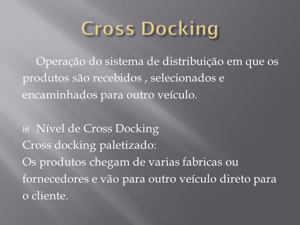 Cross Docking Operação do sistema de distribuição em que os