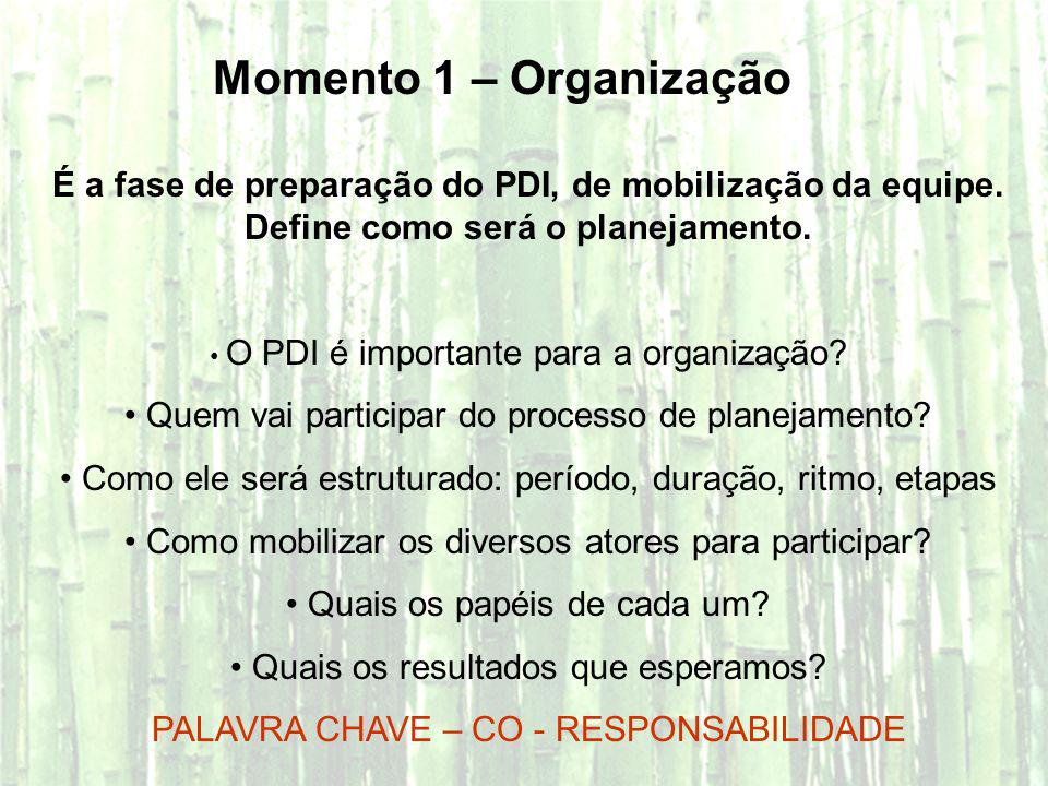 Momento 1 – Organização É a fase de preparação do PDI, de mobilização da equipe. Define como será o planejamento.