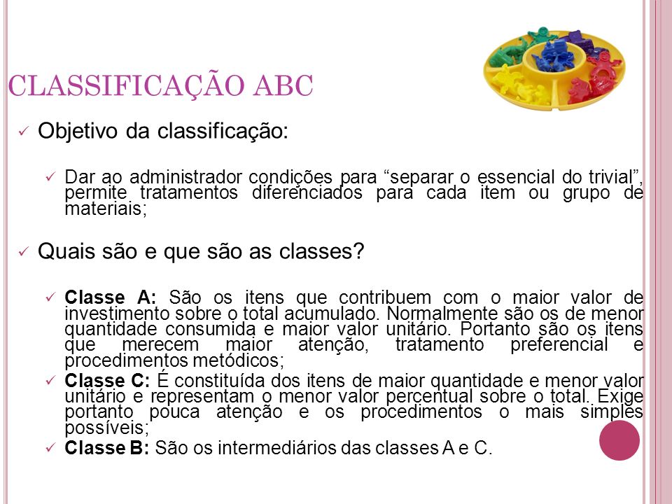 CLASSIFICAÇÃO ABC Objetivo da classificação: