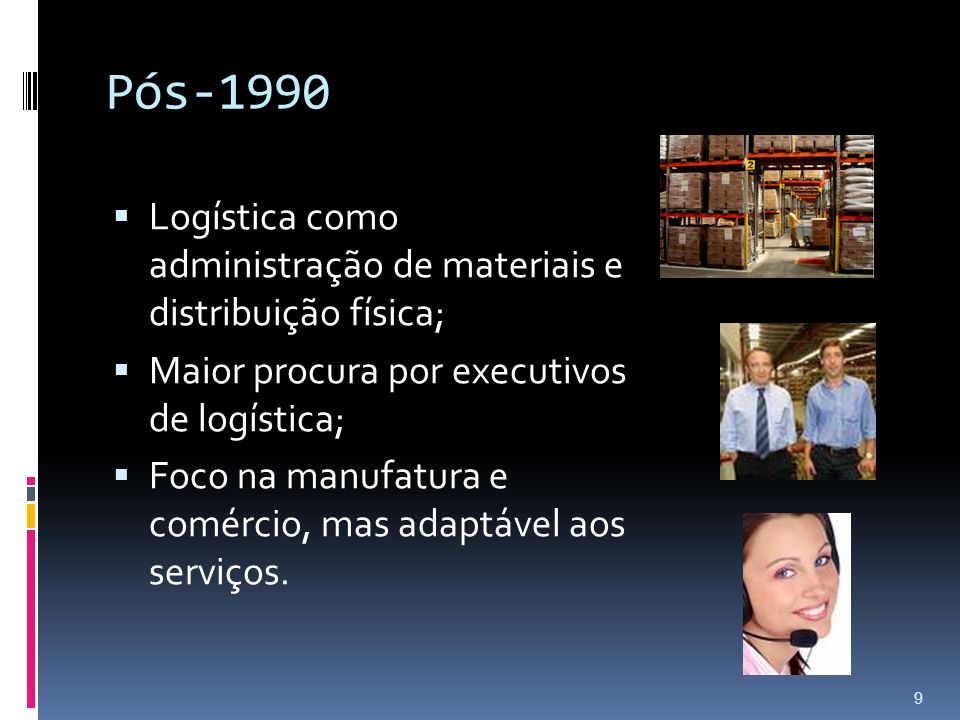 Pós-1990 Logística como administração de materiais e distribuição física; Maior procura por executivos de logística;