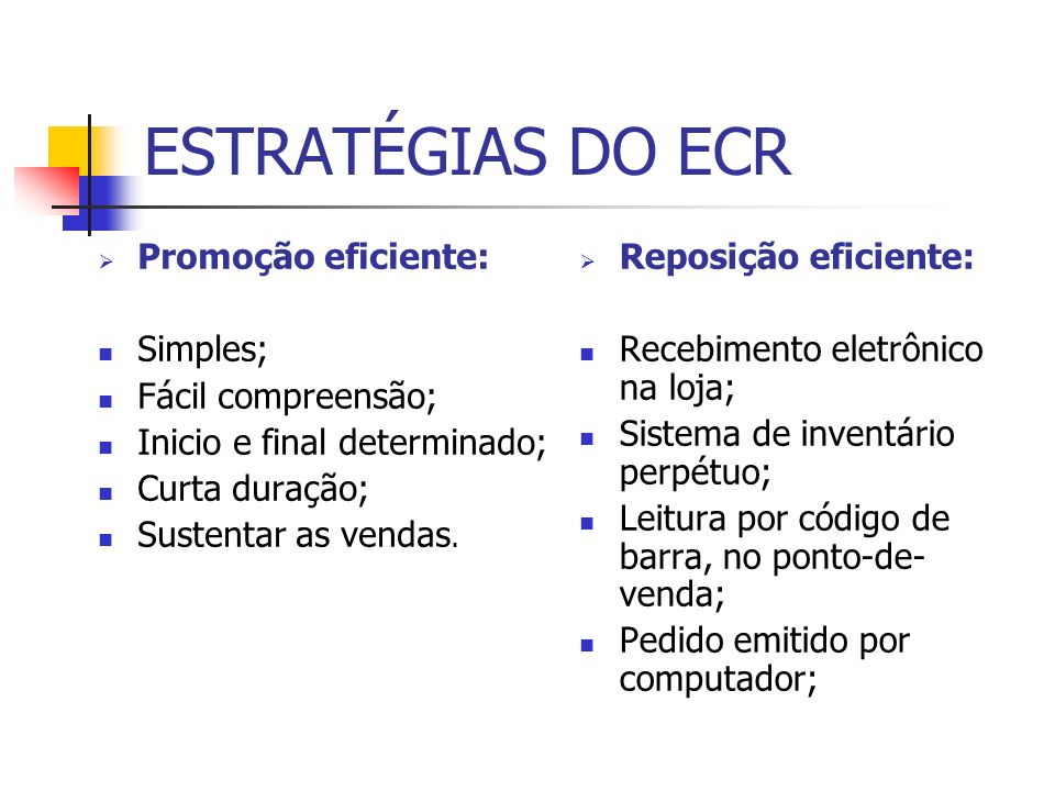ESTRATÉGIAS DO ECR Promoção eficiente: Simples; Fácil compreensão;