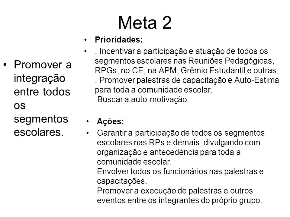 Meta 2 Promover a integração entre todos os segmentos escolares.