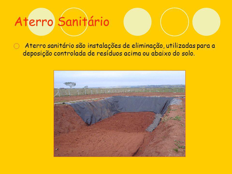 Aterro Sanitário Aterro sanitário são instalações de eliminação, utilizadas para a deposição controlada de resíduos acima ou abaixo do solo.