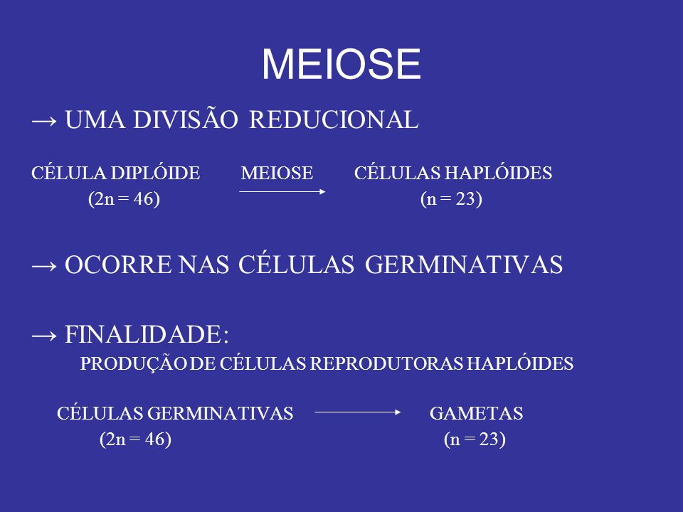 MEIOSE → UMA DIVISÃO REDUCIONAL → OCORRE NAS CÉLULAS GERMINATIVAS