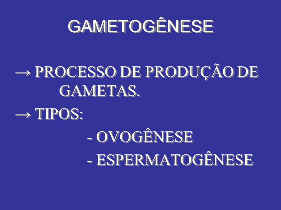 GAMETOGÊNESE → PROCESSO DE PRODUÇÃO DE GAMETAS. → TIPOS: - OVOGÊNESE