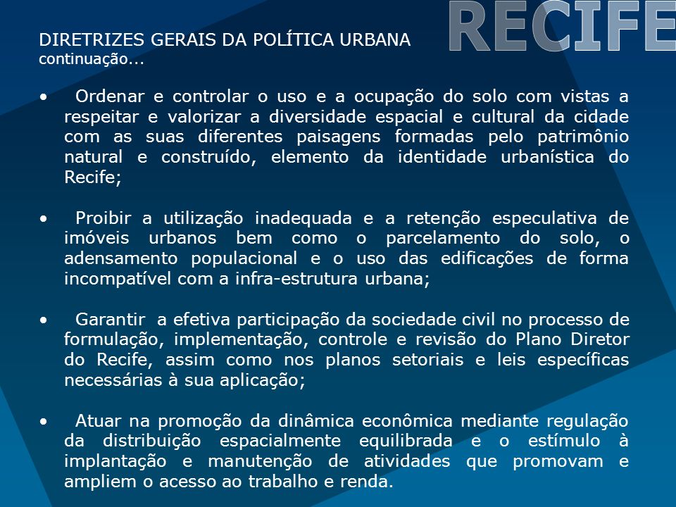 RECIFE DIRETRIZES GERAIS DA POLÍTICA URBANA
