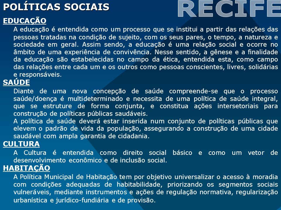 RECIFE POLÍTICAS SOCIAIS EDUCAÇÃO