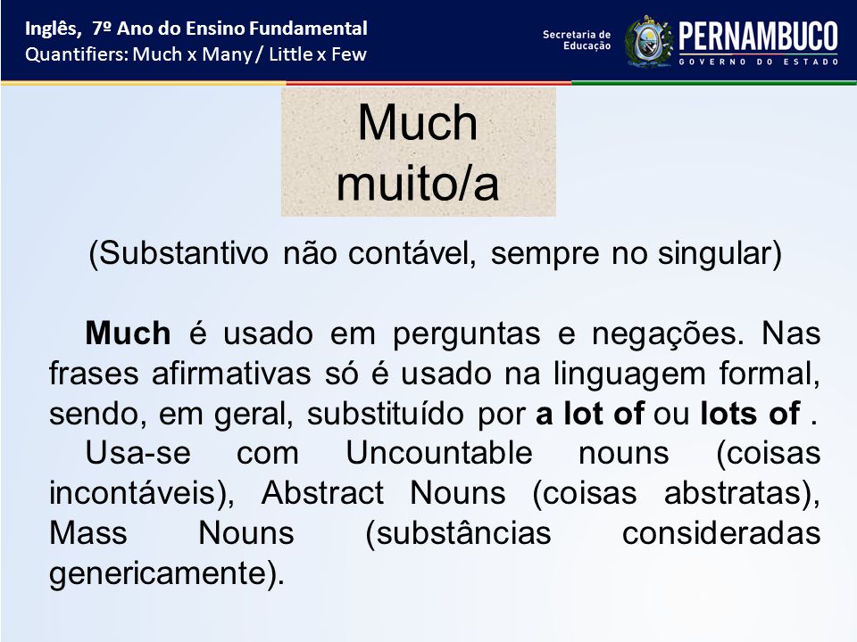 CCAA Arcos - Te m dúvida de como usar os substantivos Many e Much? Eles  indicam quantidade e cada um tem sua forma de usar. ⠀ Much significa muito  ou muita e