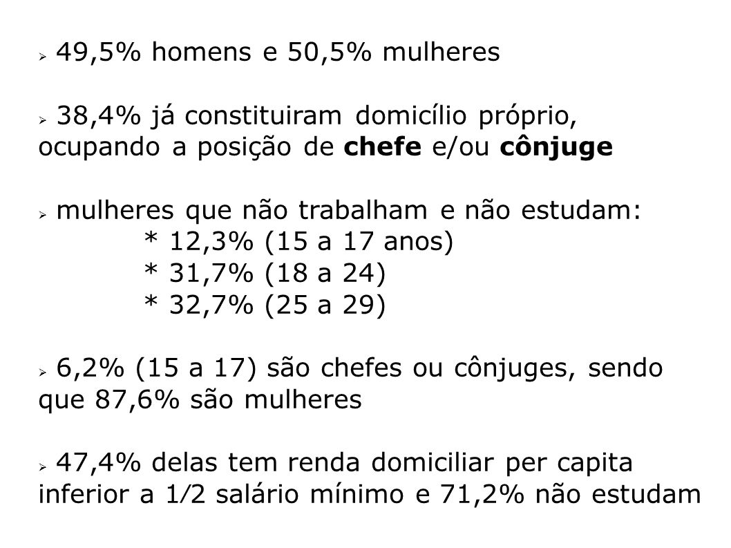 49,5% homens e 50,5% mulheres 38,4% já constituiram domicílio próprio, ocupando a posição de chefe e/ou cônjuge.