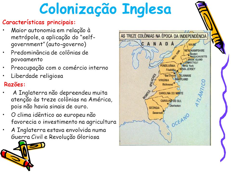 Colonização Inglesa Características principais: