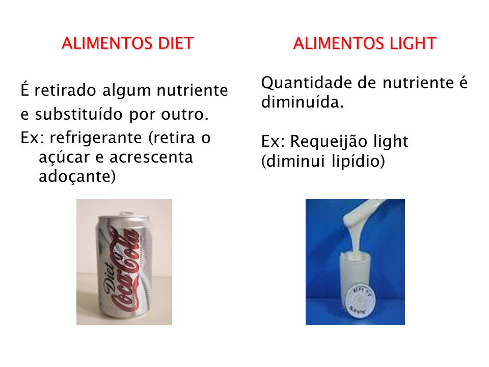 ALIMENTOS DIET É retirado algum nutriente. e substituído por outro. Ex: refrigerante (retira o açúcar e acrescenta adoçante)