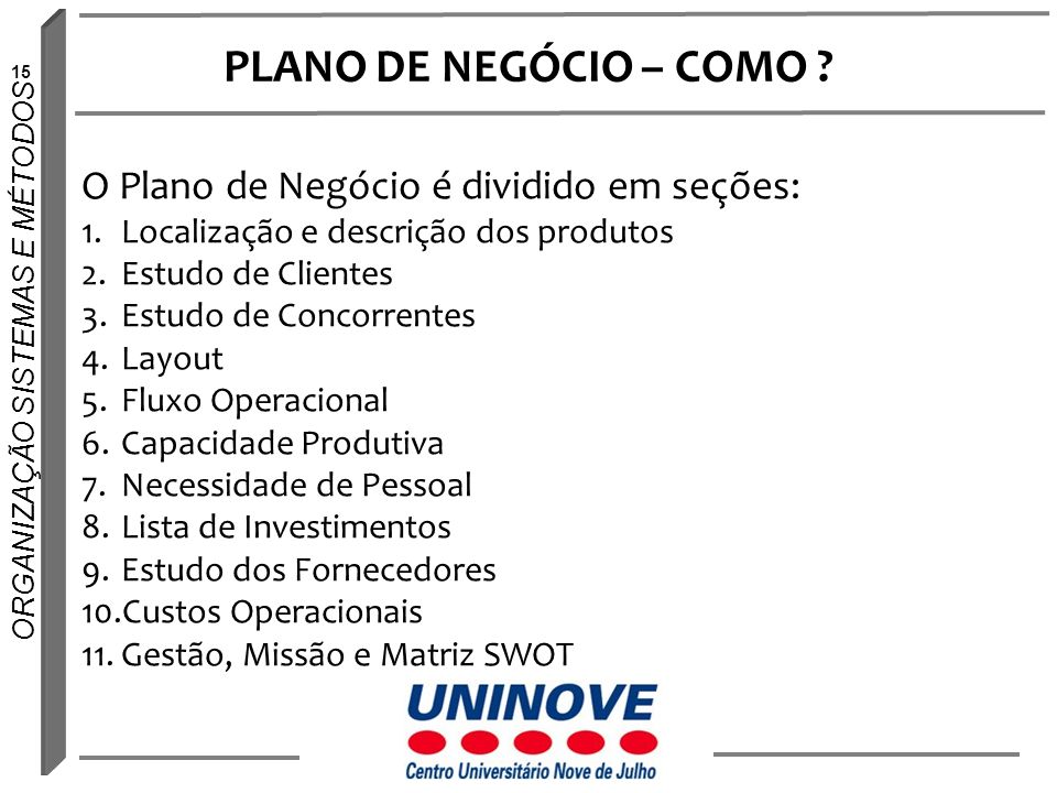 PLANO DE NEGÓCIO – COMO O Plano de Negócio é dividido em seções: