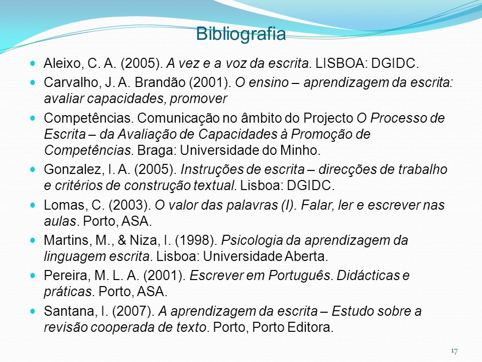 Bibliografia Aleixo, C. A. (2005). A vez e a voz da escrita. LISBOA: DGIDC.