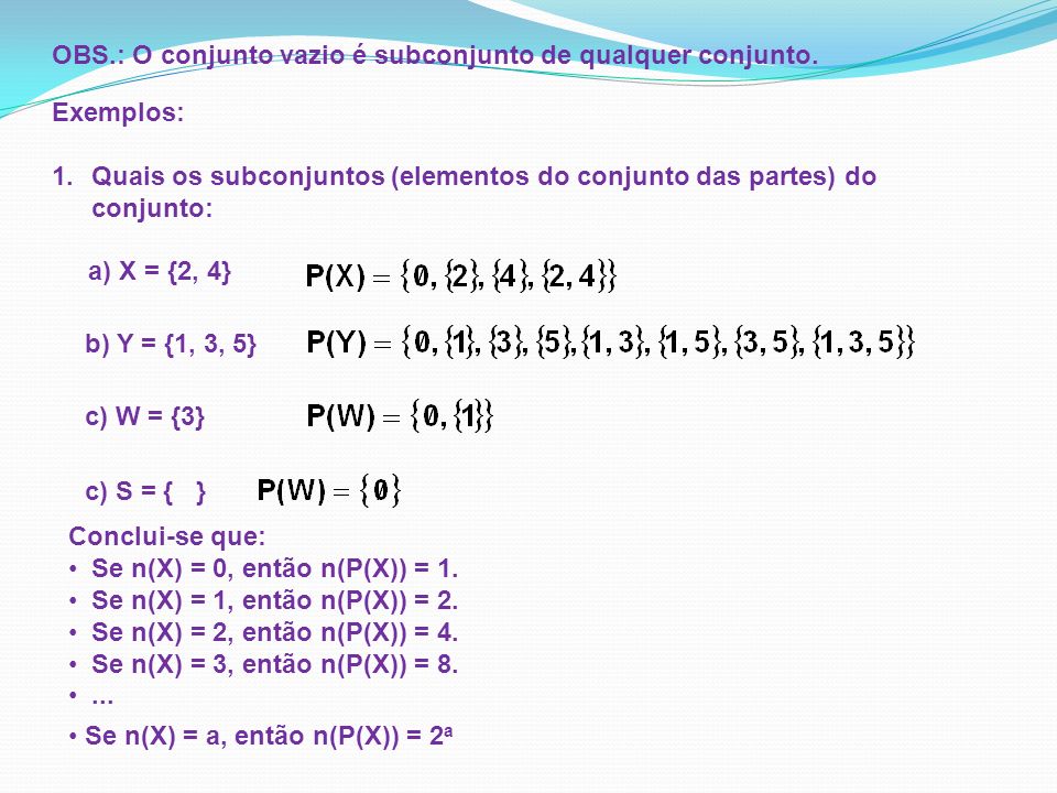 OBS.: O conjunto vazio é subconjunto de qualquer conjunto.