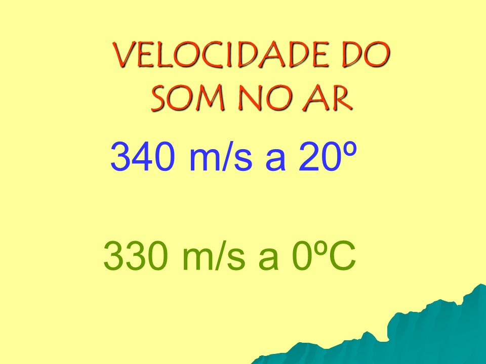 VELOCIDADE DO SOM NO AR 340 m/s a 20º 330 m/s a 0ºC