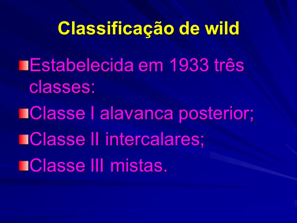 Classificação de wild Estabelecida em 1933 três classes: Classe I alavanca posterior; Classe II intercalares;