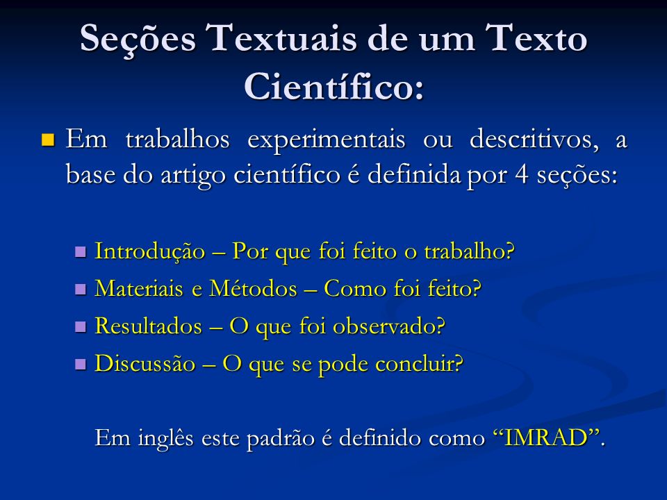 Seções Textuais de um Texto Científico: