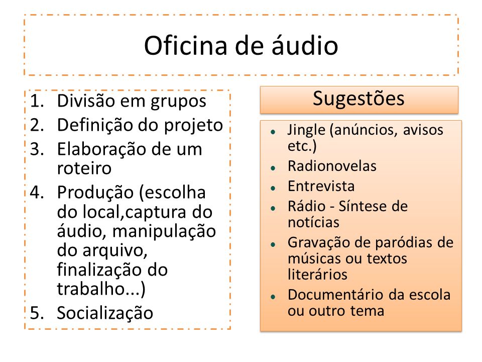 Oficina de áudio Sugestões Divisão em grupos Definição do projeto