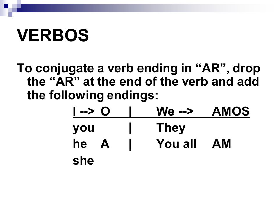 VERBOS To conjugate a verb ending in AR , drop the AR at the end of the verb and add the following endings: