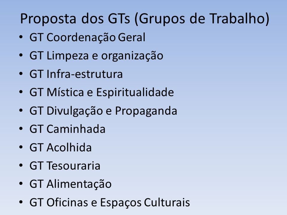 Proposta dos GTs (Grupos de Trabalho)