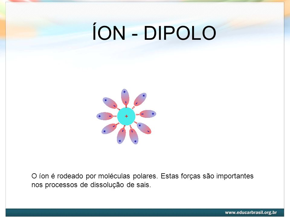 ÍON - DIPOLO O íon é rodeado por moléculas polares.