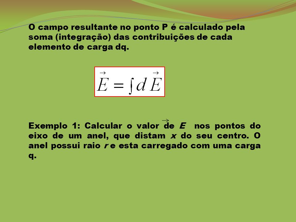 O campo resultante no ponto P é calculado pela soma (integração) das contribuições de cada elemento de carga dq.