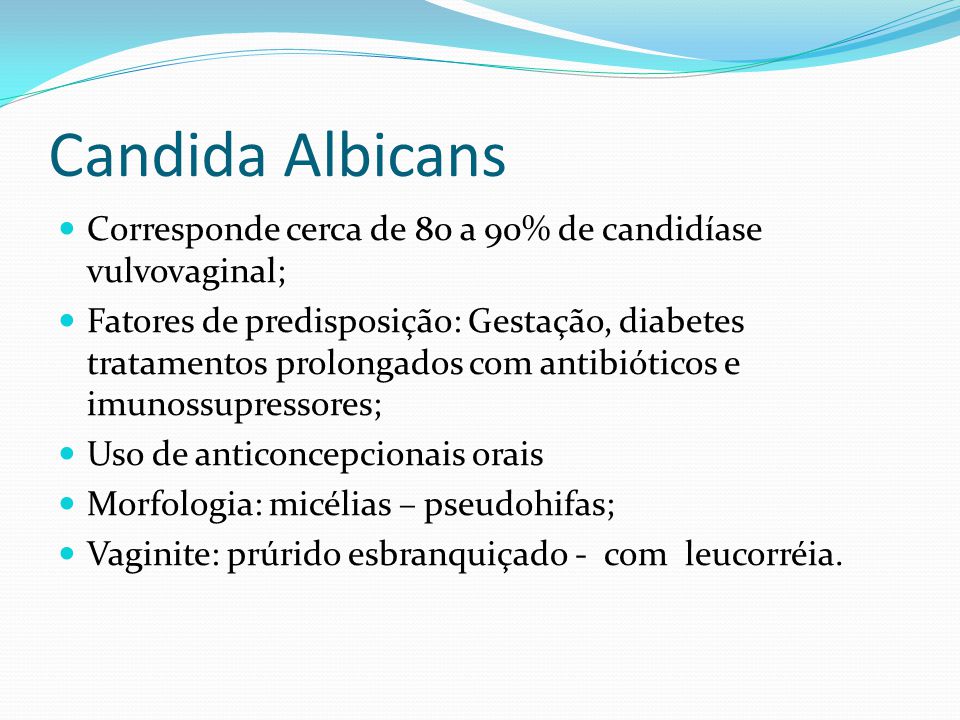 Candida Albicans Corresponde cerca de 80 a 90% de candidíase vulvovaginal;